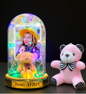 Sizlere Özel Renkli Led Işıklı Biblolu Fanus ve Pembe Peluş Ayıcıklı Anahtarlık (Model 9)