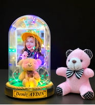 Sizlere Özel Renkli Led Işıklı Biblolu Fanus ve Pembe Peluş Ayıcıklı Anahtarlık (Model 9)