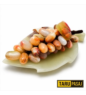 Doğal Oniks Taş Yaprak Tabak & 30 Taneli Üzüm Salkımı – Feng Shui Dekor Objesi
