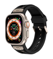 Apple Watch Ultra 49mm Uyumlu Kordon Zore KRD-117 Hava Alabilen Delikli Metal Süslemeli Desenli Silikon Kayış (Gri - Siyah)