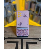Samsung A13 4G Uyumlu Kelebek Figürlü Simli Parlak Telefon Kılıfı (Pembe)