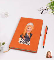 BK Gift Kişiye Özel Kadın Mühendis Karikatürlü Turuncu Termo Deri Defter Kalem Seti Model 1