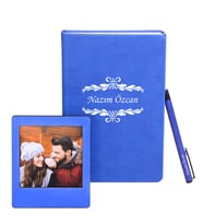 Kişiye Özel Mavi Deri Defter & Metal Tükenmez Kalem & Ahşap Çerçeve