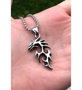 Gotik Kurukafa Ejderha  Viking Pentagram Kararmaz  Paslanmaz Vintage 316L Çelik Kolye (Gümüş)