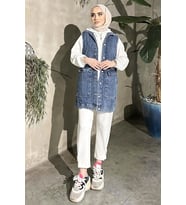 Koyu Mavi Kar Yıkama Geniş Cep Kot Yelek Oversize