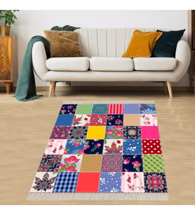 Patchwork Desenli Dijital Baskı Yıkanabilir Kaymaz Taban Etnik Salon Halısı ve Yolluk (Çok Renkli)