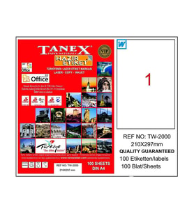 TANEX 2000 ŞEFFAF LASER ETİKET 210x297mm 1x25 25 ADET