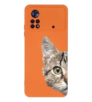 Xiaomi Poco X4 Pro Uyumlu Lansman Kılıf Catface Tasarımlı İçi Kadife Kapak-Turuncu (Şeffaf)