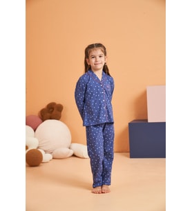 Pjs Kız Çocuk Kalpli Önden Düğmeli Gömlek Yaka Uzun Kollu Pijama Takım