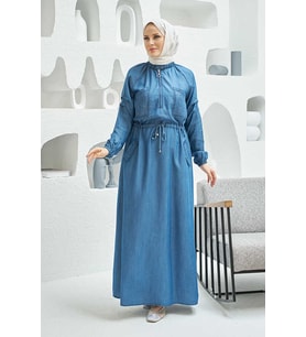 6501-Taşlı Denim Reglan Kollu Elbise Koyu Mavi