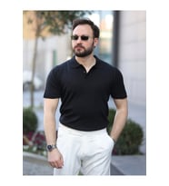 Basic Düğmeli Pamuklu Triko Tshirt (Siyah)