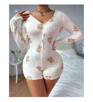 Arias Closet Pamuklu Beyaz Ayıcık Desenli Düğmeli Uzun Kol Tulum Pijama