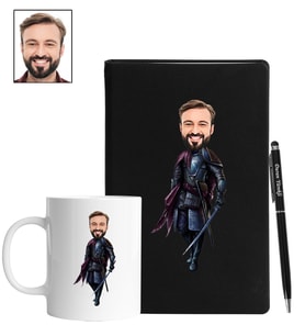 Kişiye Özel Savaşçı Tasarımlı Karikatür Siyah Defter Kalem Kupa Seti 111