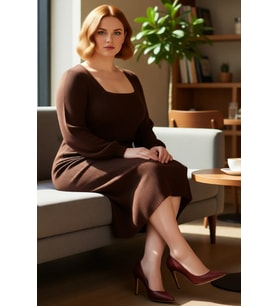 Kadın Fitilli Bodycon Midi Triko Elbise Uzun Kollu Kare Yaka Düğme Detaylı Yırtmaçlı Kaliteli