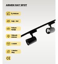 Armen 2 Adet Siyah Kasa Beyaz Işık Ray Spot Set  ve 1 Metre Ray Set