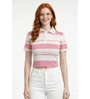 Çizgili Polo Yaka Düğmeli Triko Crop Bluz