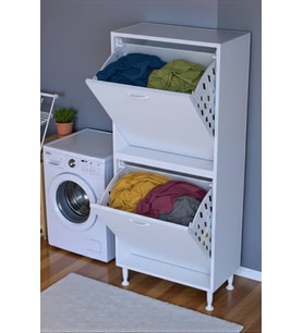 Eliusta Veluna 65 cm Kirli Çamaşır Sepetli Dolap Banyo Dolabı Beyaz 65x138x32,5 cm 2 Sepetli Dolap