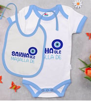 BK Kids Maşalla De Tasarımlı Mavi Bebek Body Zıbın ve Mama Önlüğü Hediye Seti-1