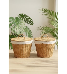 2'li Yuvarlak Rattan Hasır Patates Soğan Sarımsak Meyve Sepeti Düzenleyici Organizer -9T02