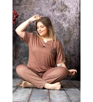 Sude Kadın Bambu Büyük Beden Düğme Yaka İnce Kısa Kol Pijama Takımı P300/146 - 1 Adet (Kahverengi)