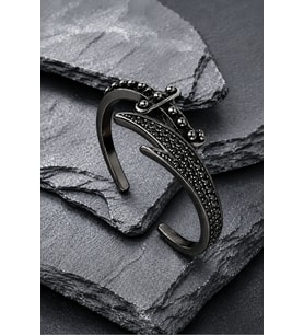 Erkek Kadın Siyah Taşlı Çelik Bileklik Zirkon Detaylı Modern Açık Kelepçe Zülfikar Kılıcı Model