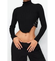 Stil Modern Kadın Crop Standart Kol Dik Yaka Süper Triko Kazak (Siyah)