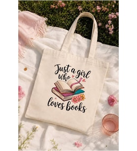Le Vion just a girl who loves books - Baskılı Bez Çanta 38x42 cm 170 Gr Omuz Çantası Kadın Alışveriş Çantası