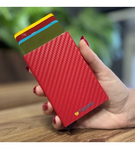 Mekanizmalı Kartlık Rfid Korumalı Alüminyum Otomatik Mekanizmalı Kredi Kartlık Desenli Kırmızı Karbon