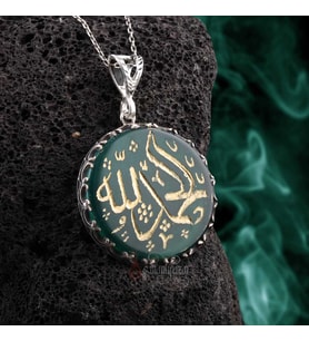 El Yazması Elhamdulillah Yazılı Yeşil Akik Taşı 925 Ayar Gümüş Kolye