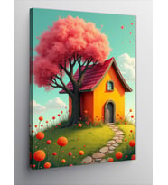 Kanvas Tablo Pembe Ağaç Ve Ev