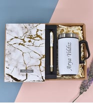 Kişiye Özel Beyaz Mermer Desenli Defter& Beyaz/Gold Detaylı Roller Kalem& Beyaz Bardak Termos Hediye Seti