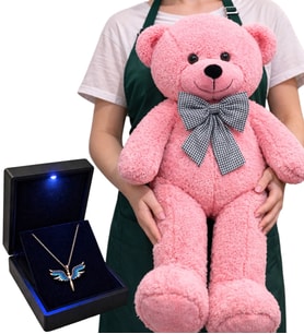 Büyük Boy 80 cm Pembe Peluş Ayıcık ve 925 Ayar Gümüş Zirkon Taşlı Mikail Meleği Kadın Kolye Hediye Seti