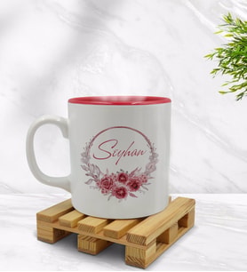 BK Gift Kişiye Özel Çiçek Tasarımlı İçi Kırmızı Renkli Kupa Bardak Model 1