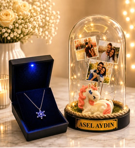 Kişiye Özel LED Işıklı Unicorn Fanus ve 925 Ayar Gümüş Ametist Lotus Kolye