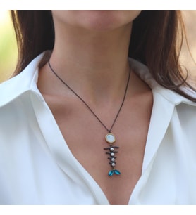 Balık Aquamarine İncili Oksitli Gümüş Kolye