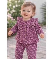 KIZ BEBEK , ÇOCUK MÜSLİN , FIRFIRLI ÖNDEN DÜĞMELİ 2 PARÇA PAMUKLU PİJAMA TAKIMI (Fuşya)