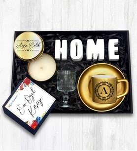 Kişiye Özel Gold Fincan & Kahve Yanı Su Bardağı & Gold Metal Kutulu Mum & Home Biblo Hediye Seti