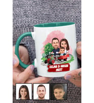Üç Kişilik Aileye Özel Karikatürlü Yeşil Kupa Bardak