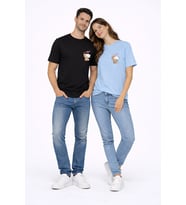 Sevgili Kombini Minimal Ayıcık Kalp Baskılı Çift Tişört Oversize Unisex 2’li Set (Mavi)