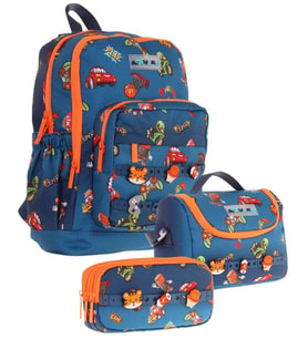 Kaukko Kids Üçlü İlkokul 1.2.3.4. Sınıf Okul Çanta Seti - Lacivert Turuncu - Erkek Çocuk - Silikon Aksesuarlı