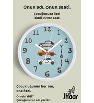 İsme Özel Arabalı Çocuk Odası Duvar Saati Orta Boy 30 cm Beyaz Camlı Sessiz