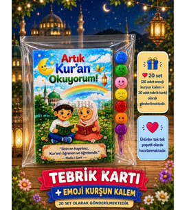 Artık Kur'an Okuyorum Hediyesi 20 Set Kur'an Kursu-Hatim Töreni Hatırası Emoji Kurşun Kalem Tebrik Kartı Hediyeli