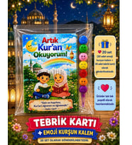 Artık Kur'an Okuyorum Hediyesi 20 Set Kur'an Kursu-Hatim Töreni Hatırası Emoji Kurşun Kalem Tebrik Kartı Hediyeli