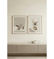 Modern Kahve Temalı Minimalist Çizimler 2’li Ahşap Çerçeveli Tablo Seti