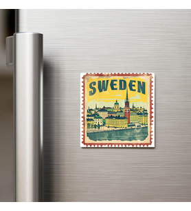 İsveç Sweden - Posta Pulu Temalı Ülke - Baskılı Buzdolap Magneti Kare - 9x9 cm