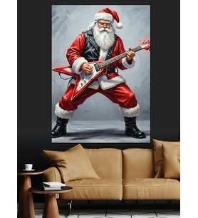 Rock Gitar Çalan Noel Baba  Dekoratif Kanvas - Mdf Ahşap Tablo