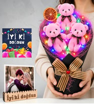 Doğum Günü Hediyesi Kişiye Özel Fotoğraflı Renkli LED Işıklı Pembe Peluş Ayıcık Buketi