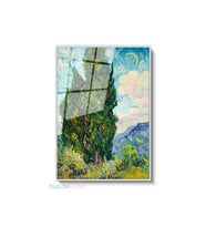 Dikey Çerçeveli Cam Vangogh 51 Modern Ev Dekoru Duvar Sanatı Ev Ofis Tablosu (Gümüş)