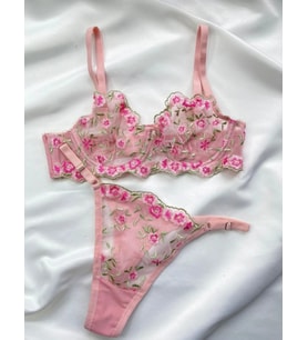 Sones Kozmetik Aysemin Lingerie Pembe Çiçekli Balenli Bralet Takım Yılbaşı, Doğumgünü & Sevgililer Günü Fantazi İç Giyim (Pudra Pembe)