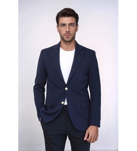 Lacivert Kendinden Desenli Örme Altın Renk Metal Düğmeli Slim Fit Erkek Blazer Ceket - Wessi
